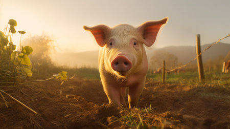 a small pig walks through a farm field, bathed in a lens flare. the pop-culture-infused, narrative-driven visual storytelling style adds a unique touch to the image. the pig's light pink and light gold colors stand out against the backdrop. captured using unreal engine 5, the pig's strong facial expression adds depth to the photo. this captivating image can be found on flickr. ai generatedの素材