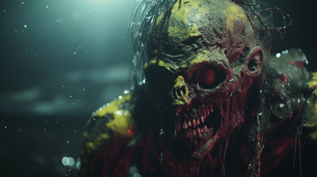 a hyper grainy, dark scene captured in a film still from a 1980s grindhouse movie. this punk art photo showcases a disgusting monster in the night, resembling a necronomicon demon warrior. shot with canon eos r3 and a 50mm f/1.8 lens, the image exhibits hyperdetail and realism. with chromatic aberration and a melting claymation lord, this 4k photo has a gritty and intricate feel. itの素材