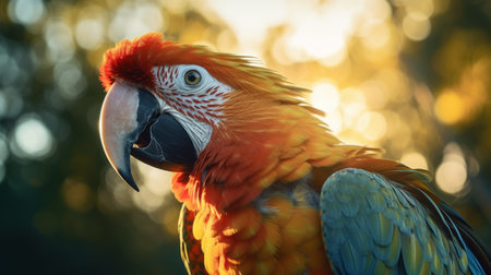 a brightly colored parrot perches on a tree branch, showcasing its vibrant feathers. this hyper-realistic animal illustration, created using vray tracing and cryengine, captures the parrot in stunning detail. the golden light adds a touch of warmth to the close-up shot, highlighting the photo-realistic techniques employed. explore this lifelike parrot on sketchfab. ai generatedの素材
