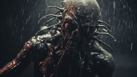 dark automotive parts monster in 1970s grindhouse film still: witness the eerie realism of a 1980s grindhouse movie frame. shot with canon eos r3, f/2.2 aperture, 1/4s shutter speed, iso 3200. hyper grainy, detailed, and hauntingly captured in 4k. explore the night scene, chromatic aberration, and hyper-realistic cinematography. a surreal blend of punk art, 1970s horror, claymation, and automotive parts, invoking the spirit of terryの素材