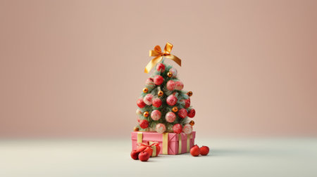 a christmas tree-shaped cake adorned with candy and ornaments stands on a whitish background. this photorealistic still life showcases a harmonious blend of dark pink and light orange hues. created using daz3d, the cake is meticulously arranged with an earth tone color palette. softbox lighting enhances the gum bichromate effect, resulting in an orderly and visually appealing composition. ai generatedの素材