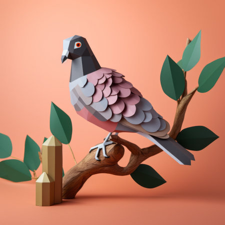 a pigeon perched on a branch amidst a variety of leaves, presented in the sketchfab style. this playful composition combines geometries with paper sculptures, showcasing graphic design-inspired illustrations. the realistic detailing highlights the bird's presence against a backdrop of dark pink and light gray hues. layered surfaces add depth to the overall visual aesthetic. ai generatedの素材