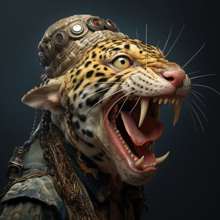 jaguar wearing a chain helmet and tee-shirt, illustrated in zbrush style with steampunk elements. the dynamic facial expression and explosive wildlife are rendered in unreal engine, showcasing 17th-century vibes with vray tracing. ai generatedの素材