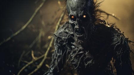 a hyper-detailed and grainy film still from a 1980s grindhouse movie showcasing a dark scene in the night. this punk art-inspired photo captures a gritty and hyper-realistic depiction of a necronomicon demon warrior. shot with a canon eos r3 and a 50mm f/1.8 lens, the image exudes an intricate yet simple aesthetic. with its chromatic aberration, grain, and glow, this 4k, 8mm-like photograph resembles aの素材