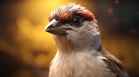 a lifelike 3d character of a sparrow with comical bulging eyes is depicted in this hyper-realistic sci-fi style photo. the intense emotion and subtle expressions, inspired by the barbizon school, bring the character to life. felt creations and overexposure techniques add texture and depth to the image. ai generatedの素材