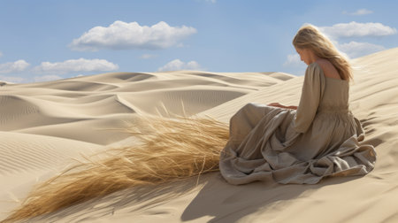 a young woman sits gracefully on an empty field, embraced by the vastness of the desert. her attire showcases luxurious drapery, while the 32k uhd resolution captures trompe-l'oeil folds and photorealistic details. this captivating image blends naturecore aesthetics with mythic storytelling, creating a wimmelbilder-like experience. ai generatedの素材
