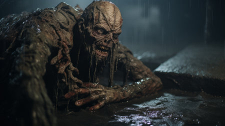 disgusting monsters in a weird photoshoot, captured in a hyper grainy blacklight setting. this film still from a 1980s grindhouse movie showcases a dark and detailed scene, set in the night. the gritty panos cosmatos movie about a necronomicon demon warrior adds a touch of realism. shot in 4k with an 8mm aesthetic, the image features intricate chromatic aberration, grain, and a glowing, melting claymationの素材