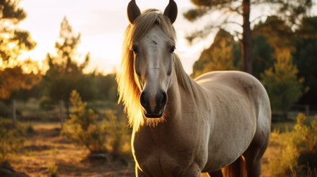 brown horse standing in a pasture at sunset, showcasing its expressive face. the image blends mexican and american cultures with a light beige and silver color scheme. captured at iso 200, the photo features a soft yellow and gray tone, embodying the selkiecore aesthetic. its unpolished authenticity adds to its charm. keywords: brown horse, pasture, sunset, mexican culture, american culture, beige, silver, iso 200, selkiecore,の素材