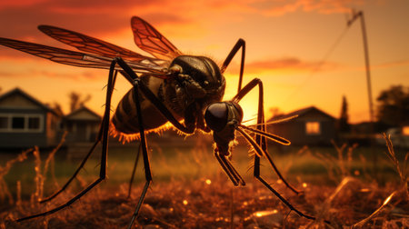 mosquitoes gather at sunset near a house, captured in the hyperrealistic style of nikon d850 and alex prager. the light maroon and dark gold hues create a striking contrast against the hellish background. this photograph, taken with canon eos 5d mark iv, showcases the art of tonga and its intricate portrayal of animal portraits. ai generatedの素材