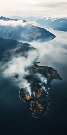 aerial photograph showcasing a captivating mountain forest in northern ireland. the image captures the essence of nyc explosion coverage with its atmospheric clouds and smokey background. influenced by the vancouver school, this photo by dimitry roulland beautifully merges water and land, creating a mesmerizing fusion. the low depth of field adds an artistic touch to this scenic composition. ai generatedの素材