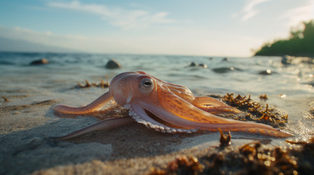 an octopus rests on the sandy beach, its vibrant colors and intricate details beautifully rendered in unreal engine. softbox lighting casts a gentle glow of light pink and light amber, creating a captivating low-angle view. this uhd image showcases nature-inspired installations and offers intense close-ups of this fascinating creature. ai generatedの素材
