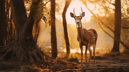 a deer stands in the forest on a sunny day, showcasing the vibrant style of indian pop culture. captured with a graflex speed graphic camera, this national geographic photo features intense and dramatic lighting, highlighting the romantic riverscapes. the uhd image displays a mesmerizing blend of light amber and gold tones. ai generatedの素材