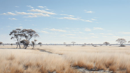 a hyperrealistic photograph of a snowy savanna captured with a single-lens reflex (slr) camera, kodak film, and a 50mm lens. the composition showcases a vast expanse of snow-covered ground beneath a pale blue sky, creating a serene and wintry atmosphere. the muted tones and vintage texture of the kodak film add an artistic touch to this captivating image. ai generatedの素材