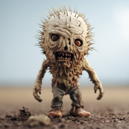 the photo showcases the koeax zombie 2, the smallest monster in the walk of life. rendered in cinema4d, this charming character is depicted in a desertpunk setting with shallow depth of field. the spiky mounds add an element of harsh realism to this environmental portrait. ai generatedの素材