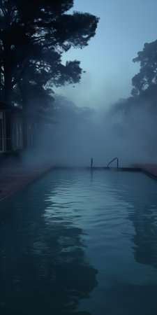 a pool is engulfed in a haunting fog, creating an ethereal horror atmosphere. the 8k resolution captures the intricate details of this scene, reminiscent of the works of william stanley haseltine and brett whiteley. the indigo and aquamarine hues add to the mysterious ambiance, evoking a sense of intrigue. marianna rothen's influence can be seen in the composition. ai generatedの素材
