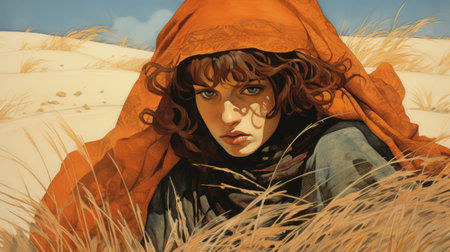 a red desert landscape is depicted in this photo, showcasing the characteristic comic book art style. the detailed portraiture captures the essence of art nouveau-inspired illustrations, with realistic hyper-detailed portraits. the dark amber tones create a captivating atmosphere, while the slumped and draped elements add depth. the sharp focus enhances the intricate details of the scene. ai generatedの素材