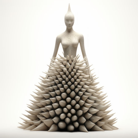a female figurine, inspired by the artistic styles of evgeni gordiets, clemens ascher, and didier lourenco. this unique sculpture showcases inventive character designs with spiky mounds, creating a visually striking composition. captured in a close-up shot, the full body of the figurine stands out against a white isolated background. ai generatedの素材