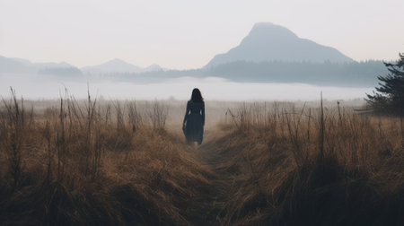 emily, a mysterious figure, walks through the autumn grass on a cold morning, captured in this mountain instamatic lo-fi photo. a distant mountain stands before her, while tall tree silhouettes and thick fog create an ethereal atmosphere. the cold blue tones add to the captivating ambiance of the scene. ai generatedの素材