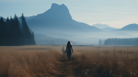a figure walks into a tree-filled field, captured in black and white. the soft mist blends with mountainous vistas and a light sky-blue and amber backdrop. this photo, taken with provia, portrays desolate landscapes and exudes a sense of feminine empowerment. the scene is reminiscent of whistlerian artistry. ai generatedの素材
