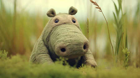 stuffed hippopotamus sitting in grass, accompanied by grass next to it. this charming character illustration, created in the style of raphael lacoste, showcases texture exploration with olive cotton. captured through a macro lens, this contest-winning artwork by nikolina petolas is a delightful masterpiece. ai generatedの素材