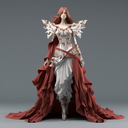 a stunning anime-inspired character design of a woman in a red and white dress, created in the intricate style of zbrush. the dark white and light bronze color scheme adds a knightcore vibe to the recycled and symmetrical asymmetry of the costume. ai generatedの素材