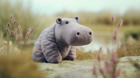 a blue and yellow stuffed hippo with a flower sits amidst a photorealistic landscape. created using cinema4d, the artwork showcases a dark beige and gray color palette. the soft-focus technique adds depth and realism to the image, while vray enhances the overall visual quality. the monochromatic landscapes and photo-realistic techniques further enhance the artistic appeal. ai generatedの素材