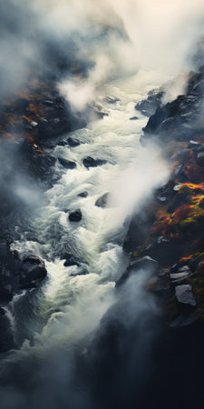 a stream's top showcases a multitude of rocks, forming a vibrant and turbulent display. this national geographic photo captures the dark and gritty subject matter with energy-filled illustrations rendered in cinema4d. the soft mist adds to the allure of this norwegian nature scene. ai generatedの素材
