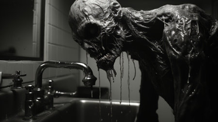 a hyper grainy, hyper detailed film still from a 1980s grindhouse movie. this dark scene in the night captures a disgusting monster in a kitchen. the image has a punk art vibe with a touch of realism. shot with canon eos r3 and a 50mm f/1.8 lens, it showcases intricate details and chromatic aberration. the melting claymation lord adds an eerie element to this 70sの素材