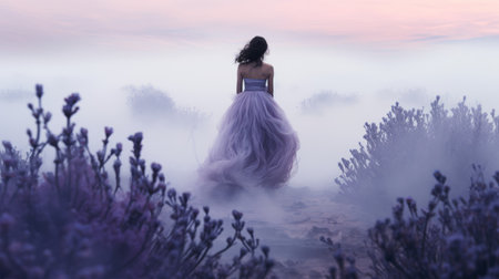 a woman in a purple dress gracefully strolls through a mystical, fog-covered landscape. this dreamy and romantic composition mirrors the ethereal dreamscapes found in the works of camilla d'errico. the scene captivates with its captivating and emotional imagery, reminiscent of the romantic dramatic landscapes depicted by serge marshennikov. experience this enchanting moment in stunning ultra-high-definition (uhd) image quality. ai generatedの素材