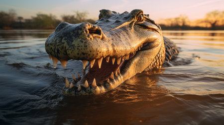 predatory alligator in slow motion during sunrise, daz3d style, lively facial expressions, sketchfab rendering, unreal engine, light amber and navy colors, realistic detailing, hyper-realistic water, alligator predator, reptile, wildlife, 3d model, animated alligator, digital art, computer-generated imagery, nature scene, animal behavior, lifelike reptile, virtual environment. ai generatedの素材