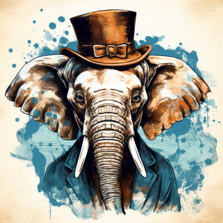 an anthropomorphic elephant, adorned with a top hat, stands amidst a collection of other top hats. the realistic portrait-style painting showcases a blend of cyan and beige tones, with inkblots adding a touch of artistic flair. vintage imagery is incorporated, featuring a harmonious color palette of brown and blue, while maintaining classical proportions. ai generatedの素材