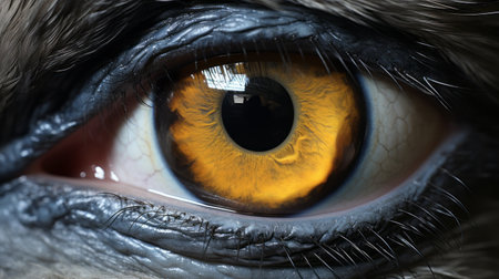 the photo showcases a captivating close-up of an owl's eye, featuring a vibrant yellow iris. created using vray tracing, the image exhibits realistic renderings of the human form. with its dark silver and light amber tones, the eye stands out against the background. this mesmerizing shot, with jagged edges, can be found on flickr and national geographic. ai generatedの素材
