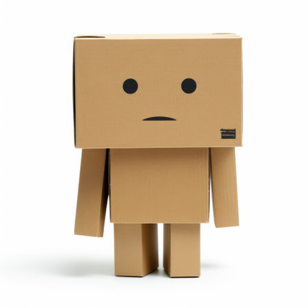 a cardboard box is seen sitting on a table, isolated on a white background in this stock photo. the box is in the style of emotional figures, featuring strong facial expressions. it is made of trash and has a dark beige and amber color. the image has a kawaii art aesthetic and is of low resolution. ai generatedの素材