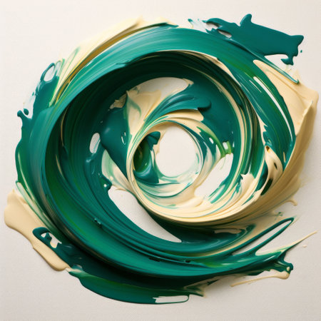 abstract green swirl painting on white, resembling paper sculptures. this conceptual installation art features a birds-eye-view of dark teal and light yellow colors in striking contrast. made from plastic, this piece showcases unrestrained creativity. ai generatedの素材