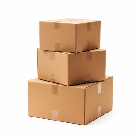 stacked brown cardboard boxes on a white background, showcasing the cross-processing processed style. this visually striking image draws inspiration from the works of scoutcore, irving penn, and rtx on, creating an illusion of three-dimensionality. with understated sophistication, the boxes appear wrapped, adding an intriguing element to the composition. ai generatedの素材