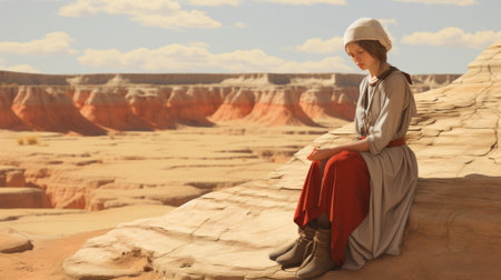 a woman sits on a mountain near a desert, captured in the style of faith-inspired art. this hyperrealistic rendering pays homage to revived historic art forms. the scene is bathed in shades of red and beige, beautifully captured with a canon eos 5d mark iv. experience a sanctuary of tranquility through this animated film pioneer's lens. ai generatedの素材