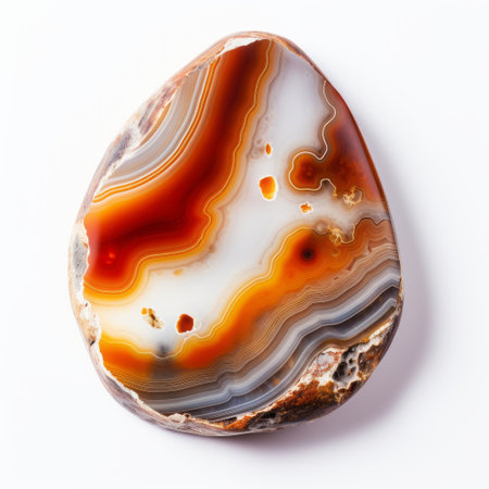 a red and orange agate stone, reminiscent of matthias haker's style, is showcased on a clean white background. the stone's vibrant colors contrast beautifully with the light gray and brown tones, enhanced by a sabattier filter. inspired by qian xuan and ippolito caffi, this stylish photograph exudes a captivating earthy charm. ai generatedの素材