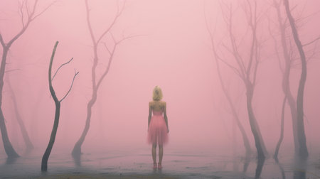 a girl walking in the mist, captured by alex henry, exudes a mysterious mood with pink and crimson hues. this enchanting photo resonates with emotional sensitivity, reminiscent of kelly sue deconnick's storytelling. the fairycore aesthetic is beautifully portrayed, evoking a sense of wonder akin to david michael bowers' art. ai generatedの素材