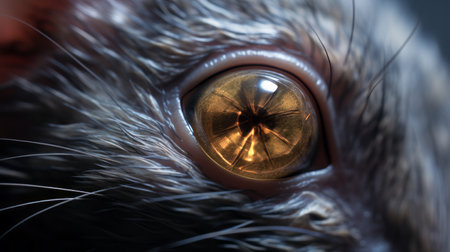 a close-up of a rat's eye illuminated by an orange light source, showcasing intricate details and realistic textures of fur and feathers. this hyper-detailed rendering, inspired by jan matejko's style, utilizes unreal engine 5 with dark silver and bronze tones. the birds-eye-view perspective and ray tracing enhance the visual impact. ai generatedの素材