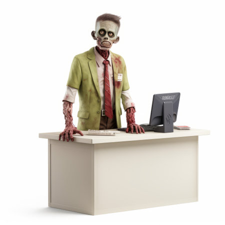 a zombie businessman sits on a desk in an office, portrayed with precise and lifelike details. the image features a combination of light maroon and light green tones, creating an eye-catching effect. despite its low resolution, the handheld photograph captures the realist lifelike accuracy of the scene. keywords: zombie businessman, desk, office, precise, lifelike, maroon, green, low resolution, eye-catching, handheld, realist, accuracy, scoutcore. ai generatedの素材