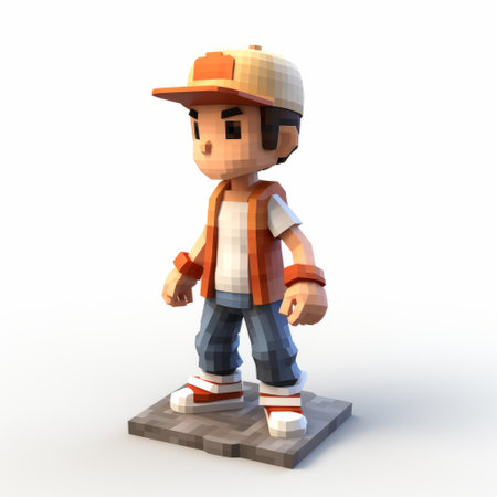 cartoon character holding a piece of wood in pixelated realism style. the youthful protagonist is reminiscent of simon birch, with realistic detailing and street-savvy attitude. the white and orange color scheme adds a vibrant touch to the 3d model, capturing the essence of ken sugimori's artistic influence. ai generatedの素材
