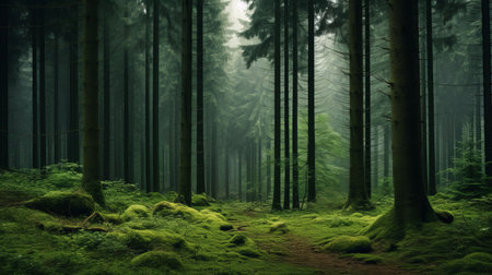 trees in a forest with moss in between, captured in 8k resolution and photo-realistic style reminiscent of andreas levers and gerhard munthe. this highly detailed environmental portrait showcases the beauty of nature in a stunningly evocative manner. shot on 70mm for maximum clarity and detail. ai generatedの素材