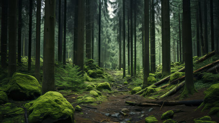 a stunning digital art piece featuring a dark green and green nature background in the style of mikko lagerstedt. the image showcases a captivating woods scene, created with the zeiss batis 18mm f2.8 lens. this fantastic landscape is environmentally inspired, highlighting the beauty of natural scenery. ai generatedの素材