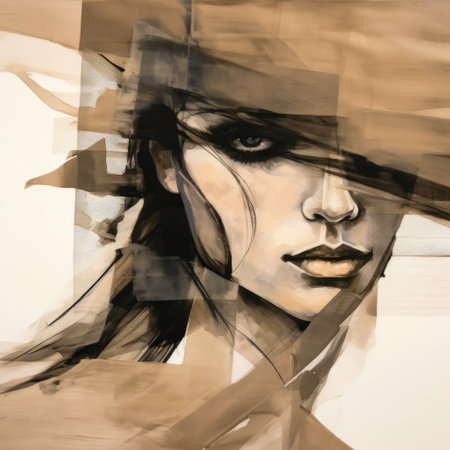a digital painting featuring a female head, inspired by monumental ink paintings. the artwork showcases dark beige and black tones with transparent layers, revealing multi-layered figures. the intense gaze of the subject is accentuated by harsh angles, creating an emerging art style. ai generatedの素材