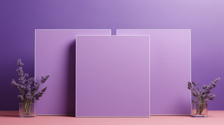 three rectangular blank gray frames stacked side by side, accompanied by a purple and pink acrylic flowers vase on a table. rendered in cinema4d, this composition showcases light purple and purple minimalist backgrounds. with panel composition mastery, bold color blocks, and the use of screen tones, this artwork embodies the essence of minimalist painting. ai generatedの素材