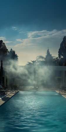 hot water erupts from the ground in a hazy romanticism style, creating a tranquil serenity. the poolcore scene, captured with the tokina at-x 11-16mm f28 pro dx ii lens, showcases an art deco-inspired composition. this uhd image emanates a haunting atmosphere. ai generatedの素材