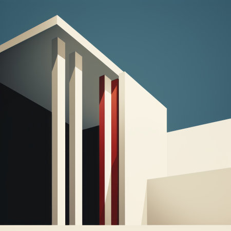 the red, white, and blue building exhibits minimalist geometric abstraction, enhanced by a realistic portrayal of light and shadow. its classical architecture and mid-century modern design are highlighted by the depth of layers and highly detailed features, set against a dark white and light cyan backdrop. ai generatedの素材
