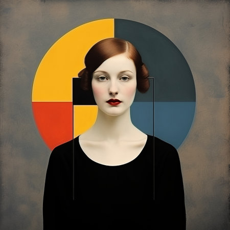 a woman with red lipstick and a colorful pattern, showcasing the influence of suprematism. the dark gray and light amber tones create a captivating contrast in this layered portrait. the symmetrical balance and golden ratio add a sense of harmony to the composition. this artwork beautifully revives historic art forms, making it a captivating addition to any collection. explore more on flickr. ai generatedの素材