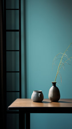 a door on a hemp table next to a window, in the style of minimalistic japanese. black and turquoise colors create a whimsical ambiance. the minimalist still lifes exhibit a sparse and simple design with subtle, whimsical folk-inspired elements. this photograph, taken by an interior design photographer using a canon eos r5, captures a lot of detail in the objects. the image has a veryの素材