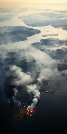 aerial photography captures two islands of smoke rising from the ocean, resembling the style of the danube school. the dense composition depicts rural life and is reminiscent of the helsinki school. the image, taken with a tamron 24mm f/2.8 di iii osd m1:2 lens, evokes a sense of charred beauty. ai generatedの素材